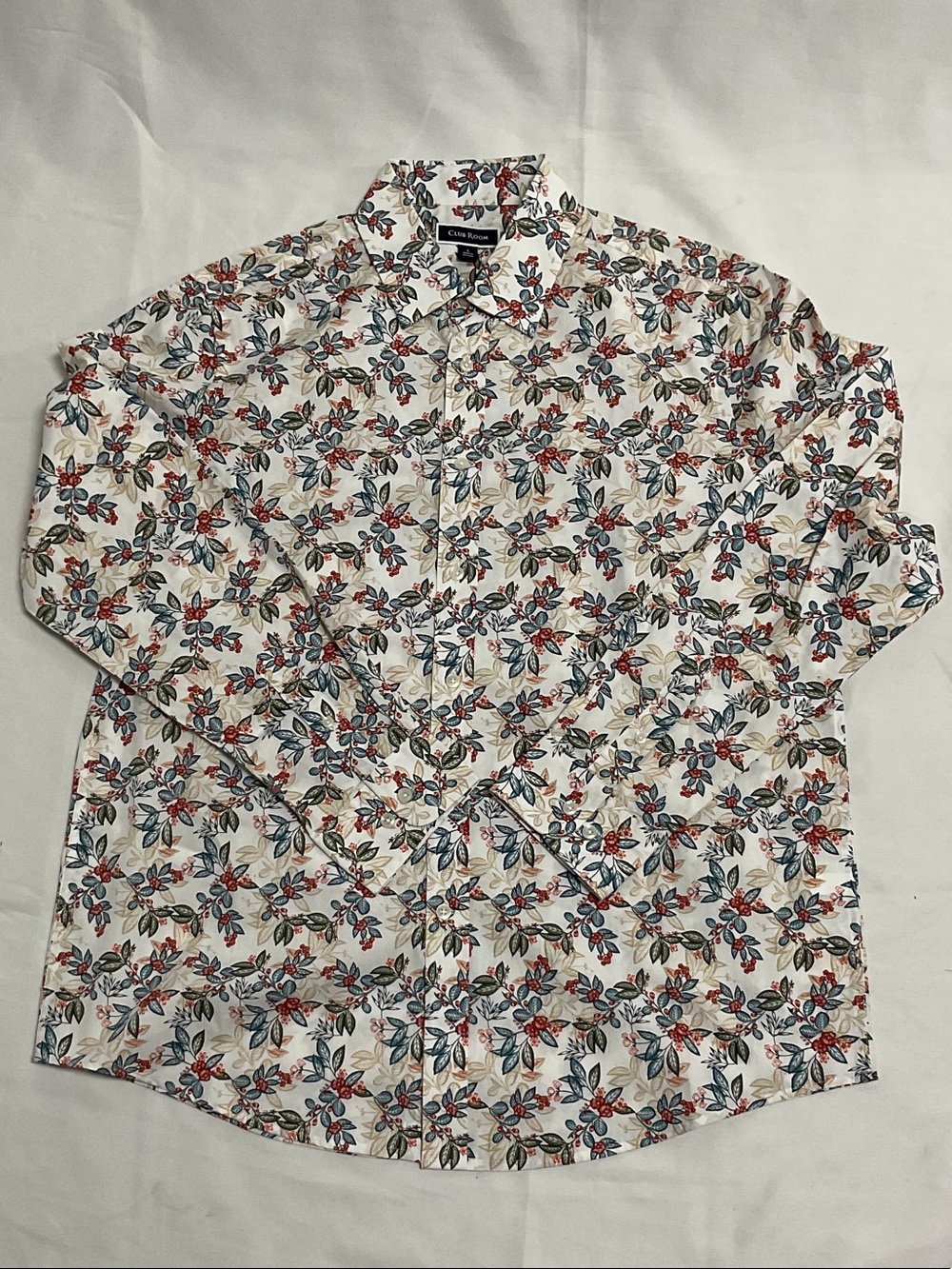 Club Room White Long- Sleeve Button-Down Shirt with Red & Blue Floral Print